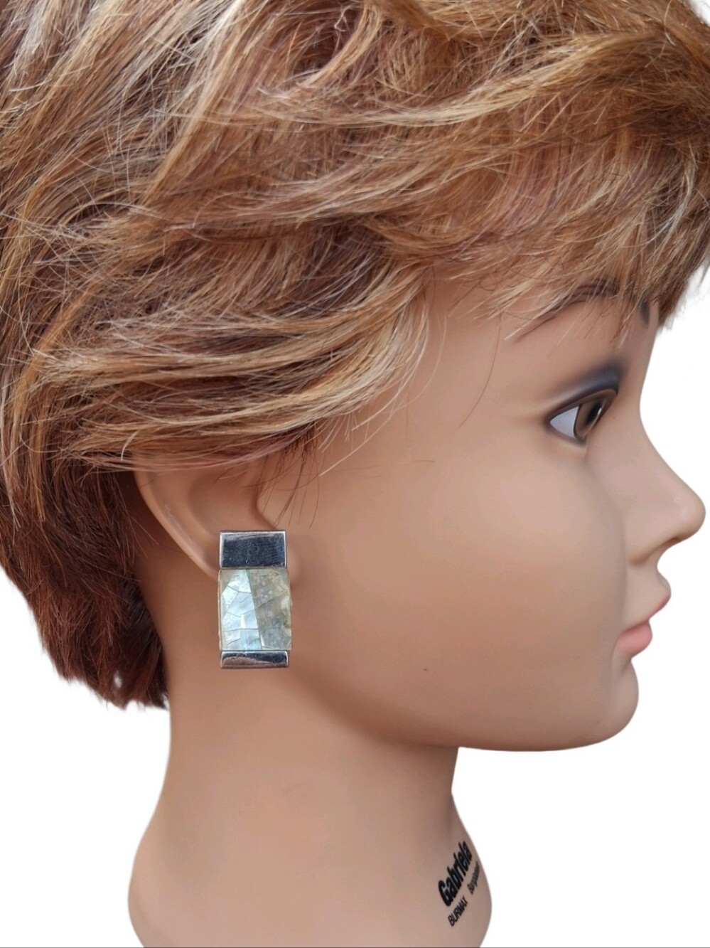 Vintage Silver Tone Mother of Pearl Mosaic Pierced Clip On Earrings Rectangle